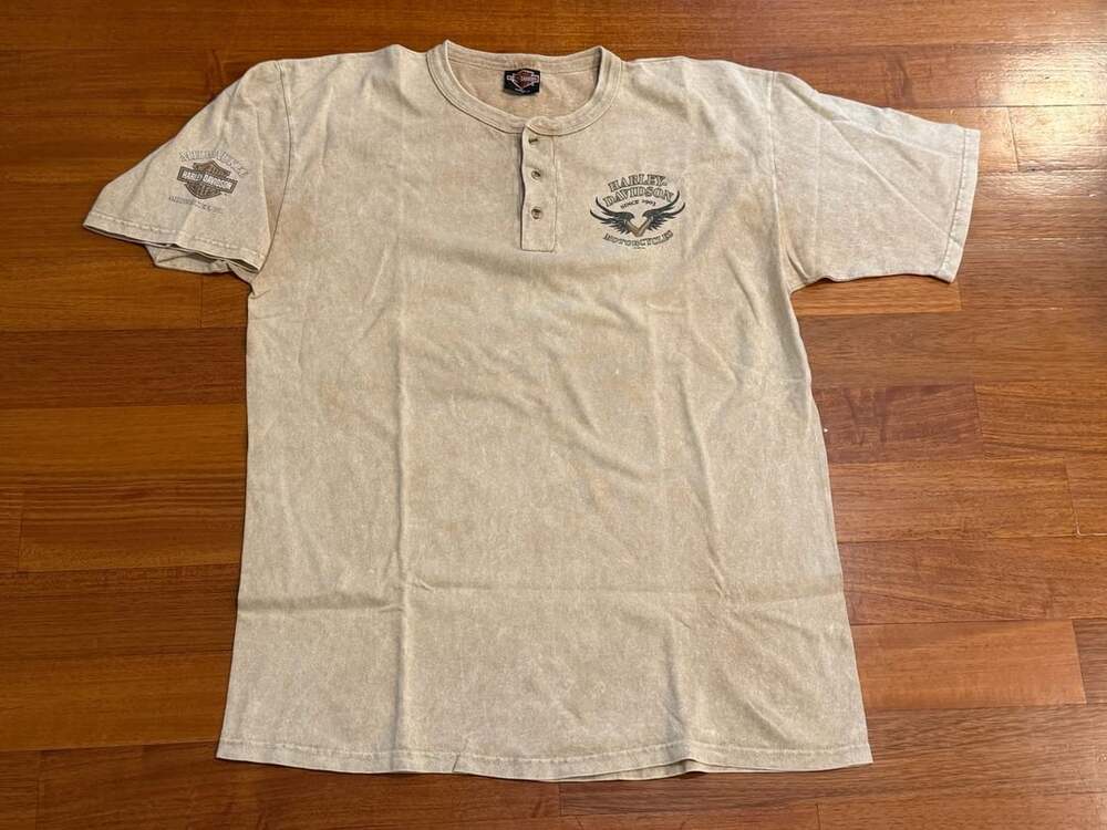 Harley Davidson Henley Shirt Size XL Beige Distressed Short Sleeve